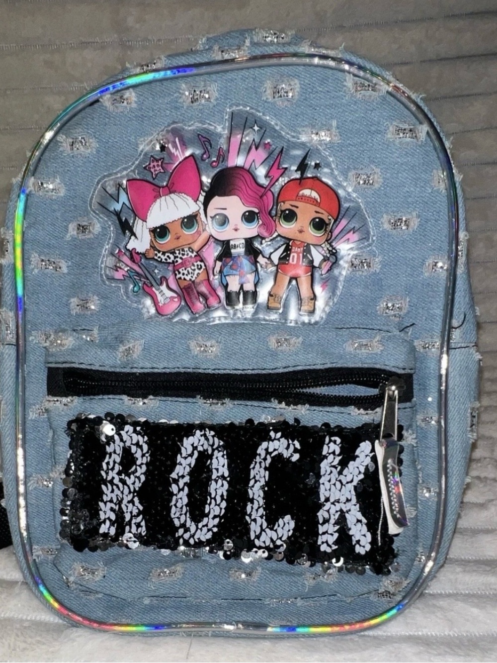 L.O.L. Surprise! Light Blue Sequin 'ROCK' Mini Backpack with Doll Characters